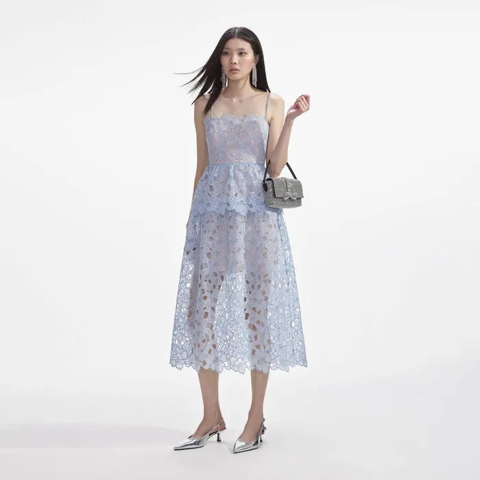 Self Portrait Dresses Blue Organza Lace Midi Dress 8211 Women