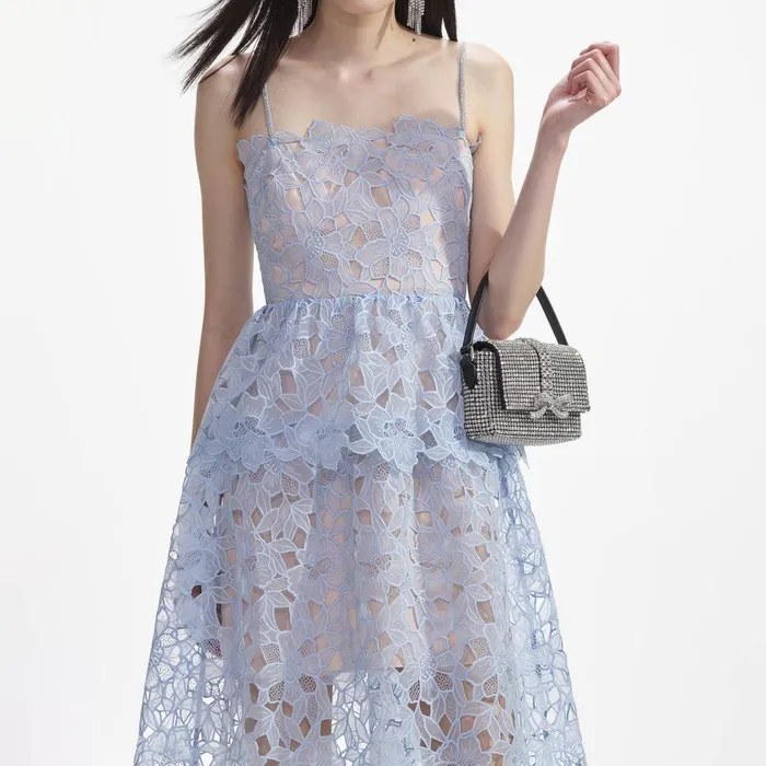 Self Portrait Dresses Blue Organza Lace Midi Dress 8211 Women
