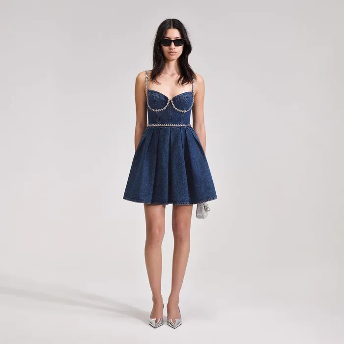 Self Portrait Dresses Diamante Detail Denim Mini Dress 8211 Women