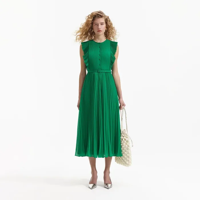 Self Portrait Dresses Green Chiffon Sleeveless Ruffle Midi Dress 8211 Women