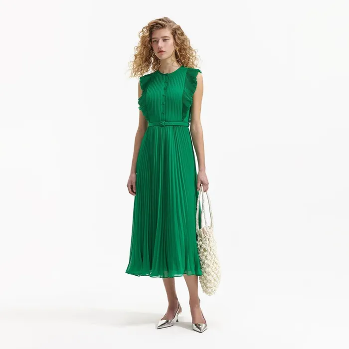 Self Portrait Dresses Green Chiffon Sleeveless Ruffle Midi Dress 8211 Women