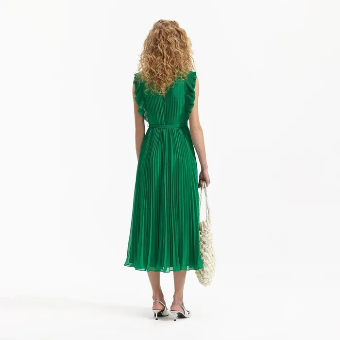 Self Portrait Dresses Green Chiffon Sleeveless Ruffle Midi Dress 8211 Women