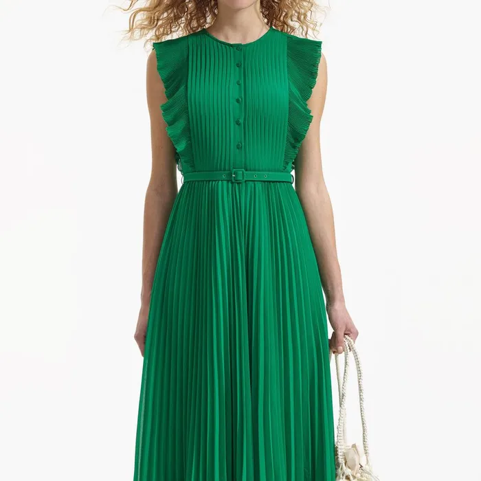 Self Portrait Dresses Green Chiffon Sleeveless Ruffle Midi Dress 8211 Women