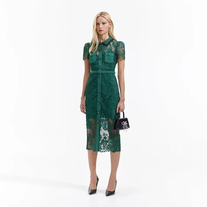 Self Portrait Dresses Green Lace Button Front Midi Dress 8211 Women