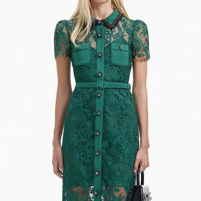Self Portrait Dresses Green Lace Button Front Midi Dress 8211 Women