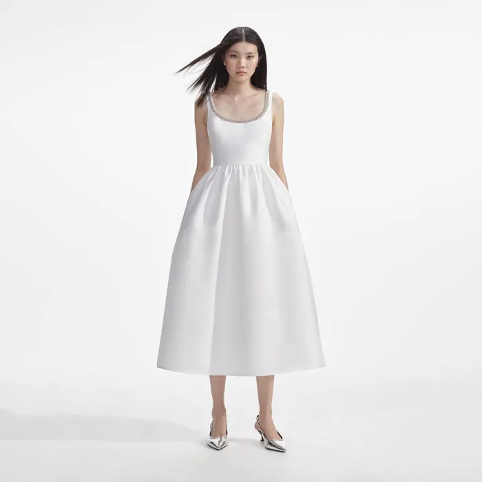 Self Portrait Dresses White Taffeta Diamante Midi Dress 8211 Women