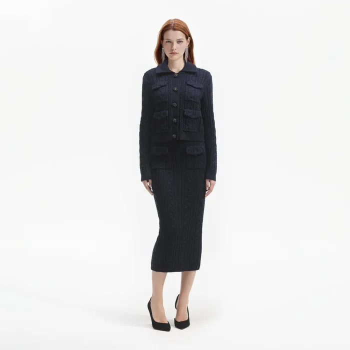 Self Portrait Knitwear Navy Midi Knit Skirt 8211 Women