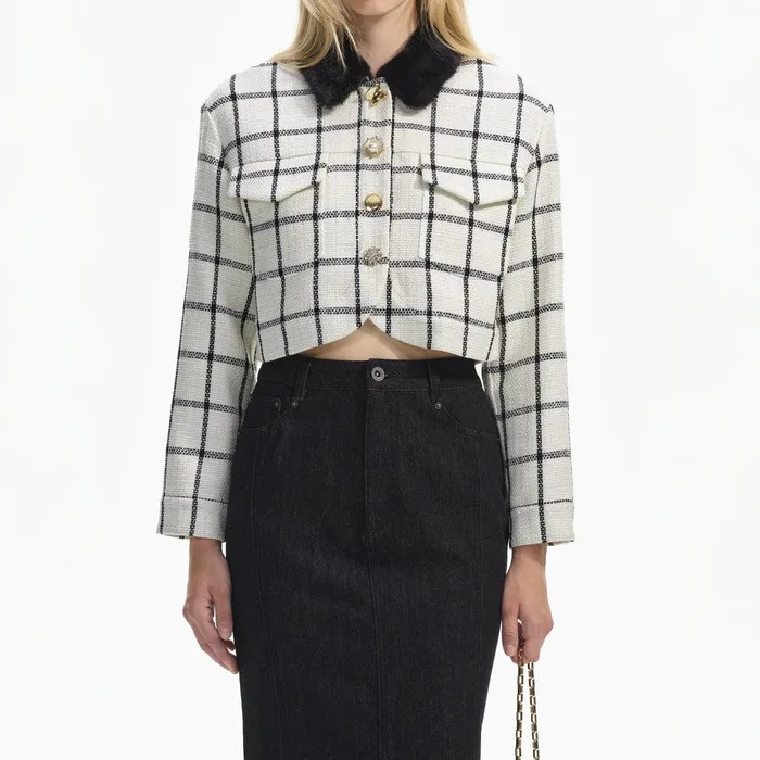 Self Portrait Outerwear Cream Check Boxy Jacket 8211 Women