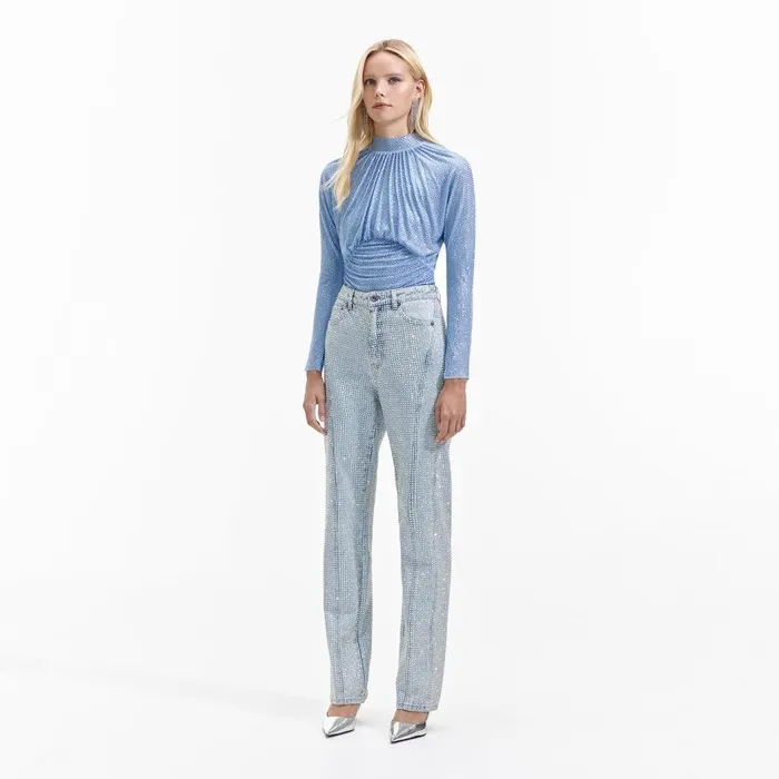 Self Portrait Tops Light Blue Rhinestone Mesh Top 8211 Women