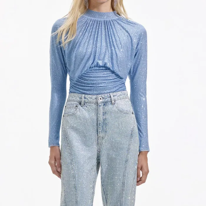 Self Portrait Tops Light Blue Rhinestone Mesh Top 8211 Women