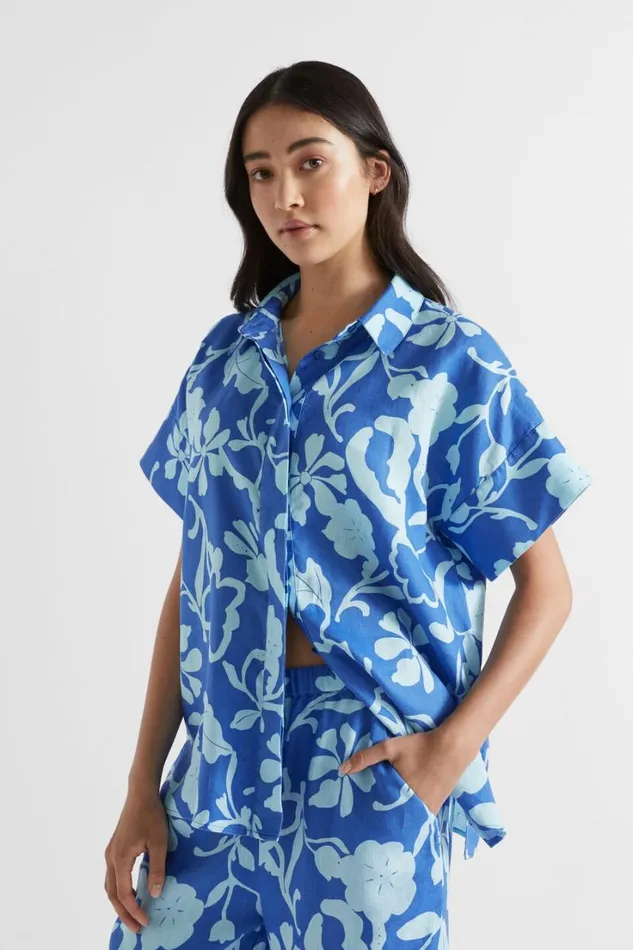Shirts Woman Seed Heritage Linen Floral Shirt Deep Ocean Floral