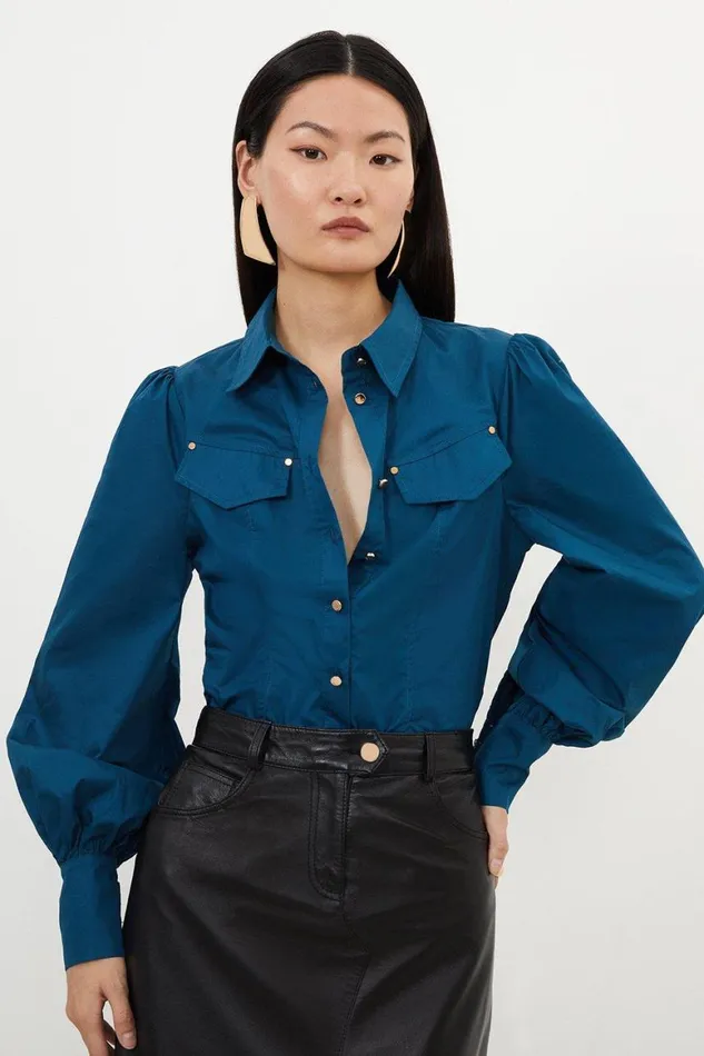 Shirts Women Karen Millen Cotton Sateen Pocket Detail Woven Shirt Navy