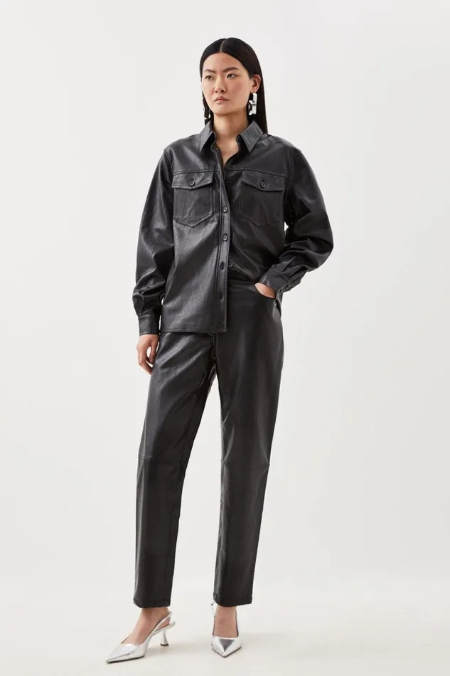 Shirts Women Karen Millen Faux Leather Pocket Detail Shirt Black