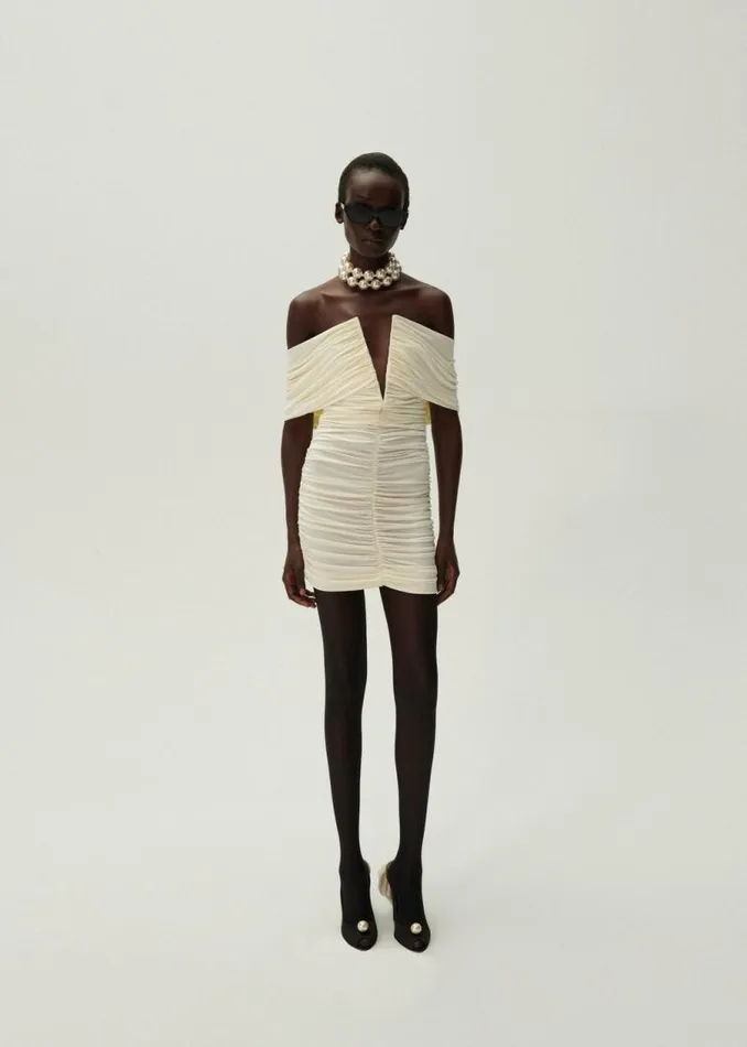 Shop Magda Butrym Dresses V Neck Ruched Dress In Cream Shop Magda Butrym Dresses V Neck Ruched Dress In Cream