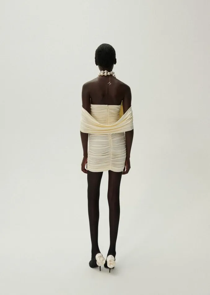 Shop Magda Butrym Dresses V Neck Ruched Dress In Cream Shop Magda Butrym Dresses V Neck Ruched Dress In Cream
