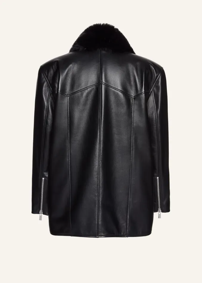 Shop Magda Butrym Leather And Shearling Faux Fur Boxy Leather Jacket In Black Shop Magda Butrym Leather And Shearling Faux Fur Boxy Leather Jacket In Black