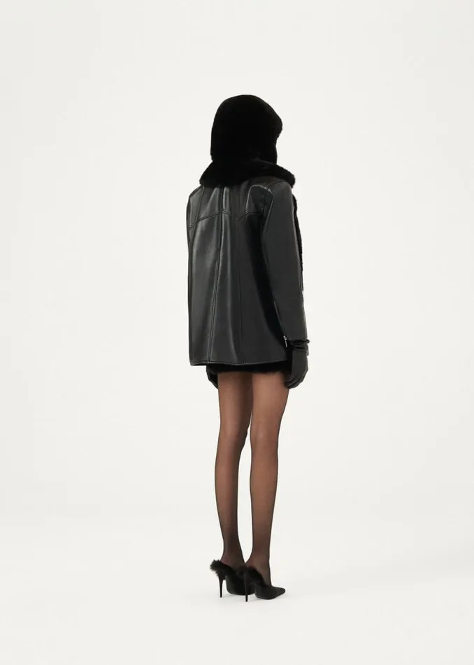 Shop Magda Butrym Leather And Shearling Faux Fur Boxy Leather Jacket In Black Shop Magda Butrym Leather And Shearling Faux Fur Boxy Leather Jacket In Black