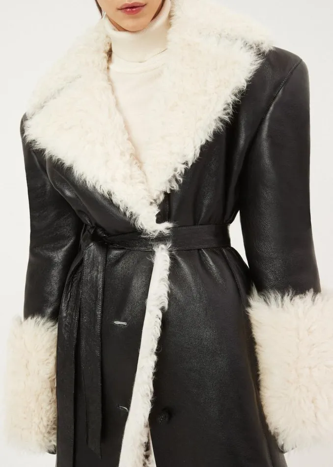 Shop Magda Butrym Leather And Shearling Long Belted Shearling Leather Coat In Black Shop Magda Butrym Leather And Shearling Long Belted Shearling Leather Coat In Black
