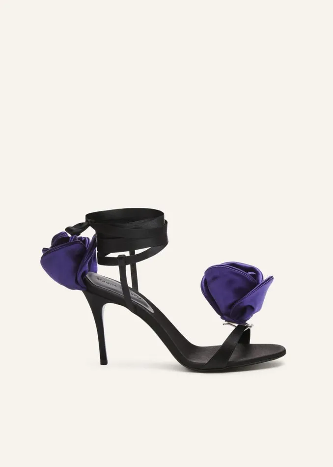 Shop Magda Butrym Shoes Double Purple Flower Heel Sandals In Black Satin