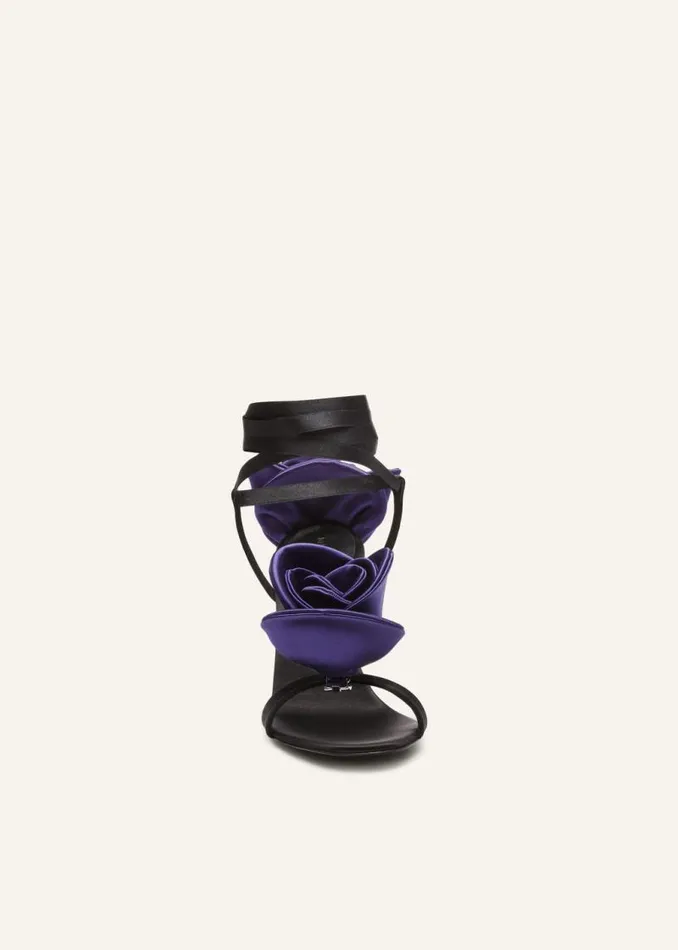 Shop Magda Butrym Shoes Double Purple Flower Heel Sandals In Black Satin