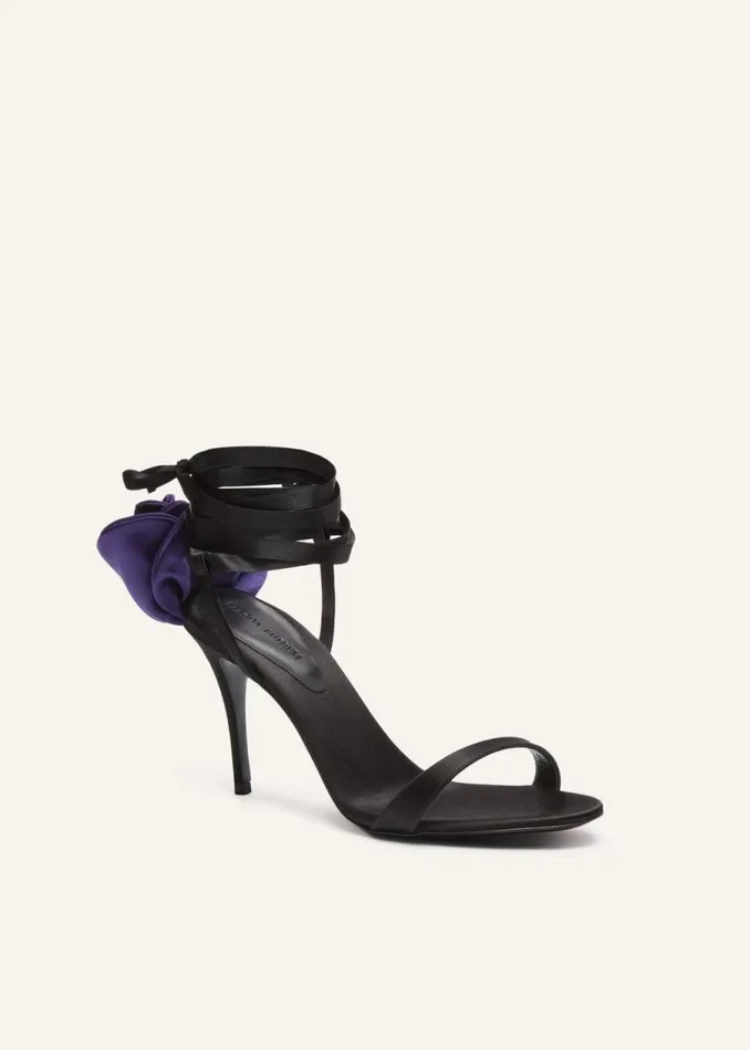 Shop Magda Butrym Shoes Double Purple Flower Heel Sandals In Black Satin