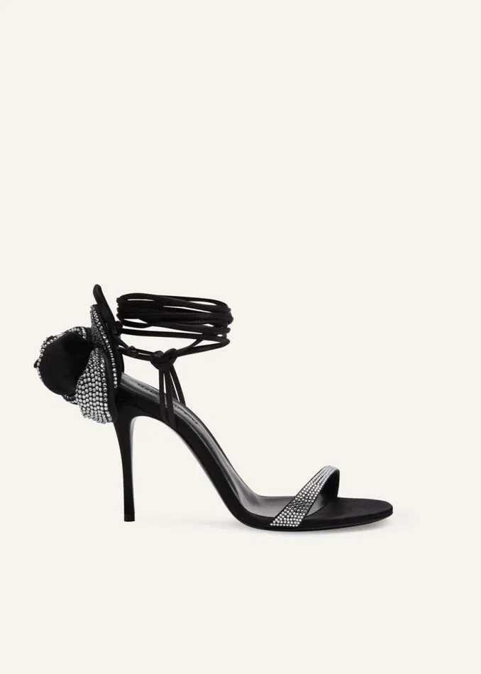 Shop Magda Butrym Shoes Flower Wrap Around Black Satin HeeI Sandals With Strass