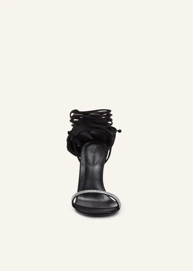 Shop Magda Butrym Shoes Flower Wrap Around Black Satin HeeI Sandals With Strass Shop Magda Butrym Shoes Flower Wrap Around Black Satin HeeI Sandals With Strass