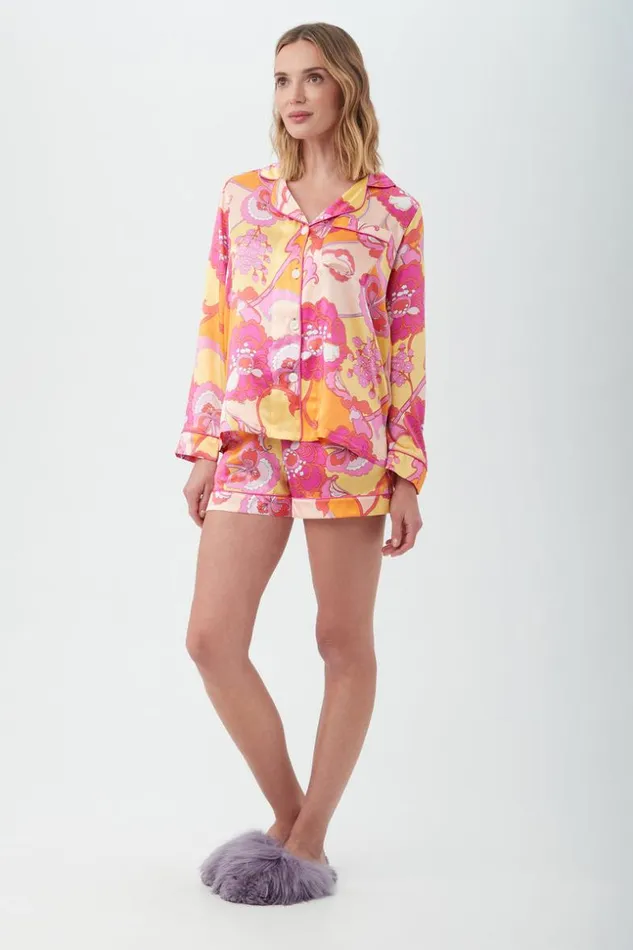 SHOP Trina Turk WOMEN039S SLEEPWEAR APACHE BLOOM WOMEN039S LONG SLEEVE SHORTY SILK PJ SET