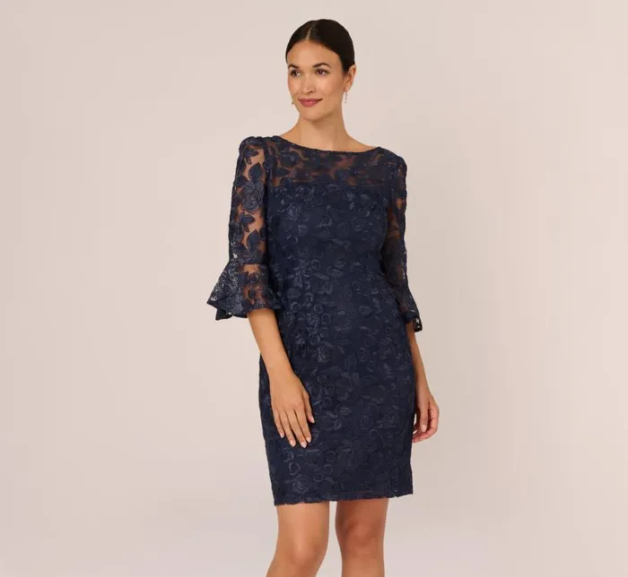 Short Dresses Womens Adrianna Papell Bell Sleeve Rose Embroidered Sheath Dress In Midnight Short Dresses Womens Adrianna Papell Bell Sleeve Rose Embroidered Sheath Dress In Midnight
