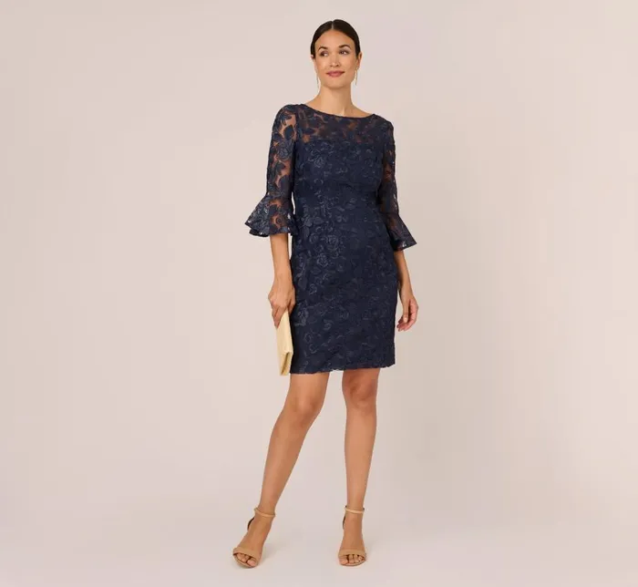 Short Dresses Womens Adrianna Papell Bell Sleeve Rose Embroidered Sheath Dress In Midnight