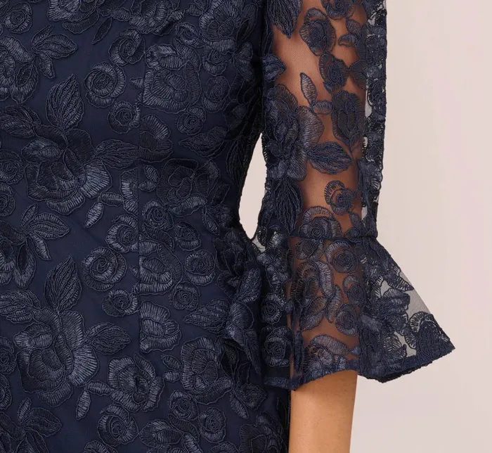 Short Dresses Womens Adrianna Papell Bell Sleeve Rose Embroidered Sheath Dress In Midnight