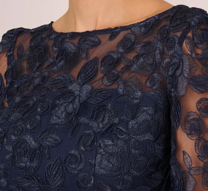 Short Dresses Womens Adrianna Papell Bell Sleeve Rose Embroidered Sheath Dress In Midnight