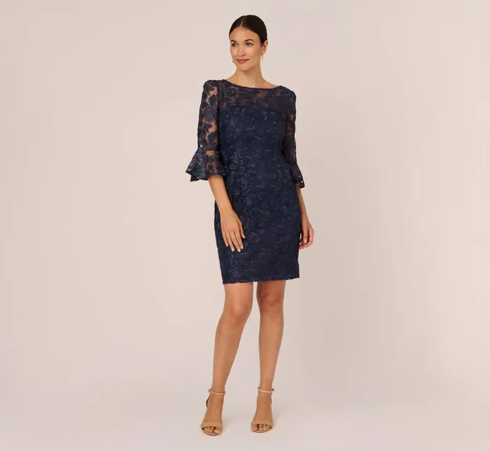 Short Dresses Womens Adrianna Papell Bell Sleeve Rose Embroidered Sheath Dress In Midnight