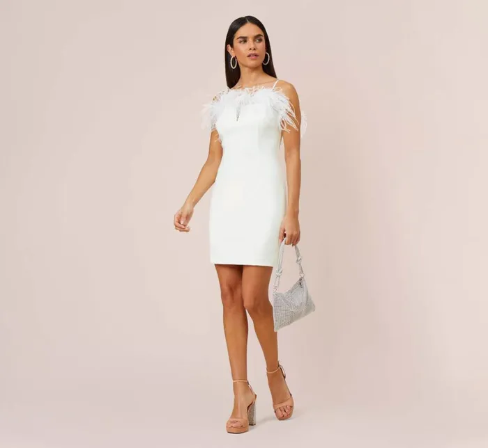 Short Dresses Womens Adrianna Papell Feather Trimmed Crepe Short Sheath Cocktail Dress In Ivory