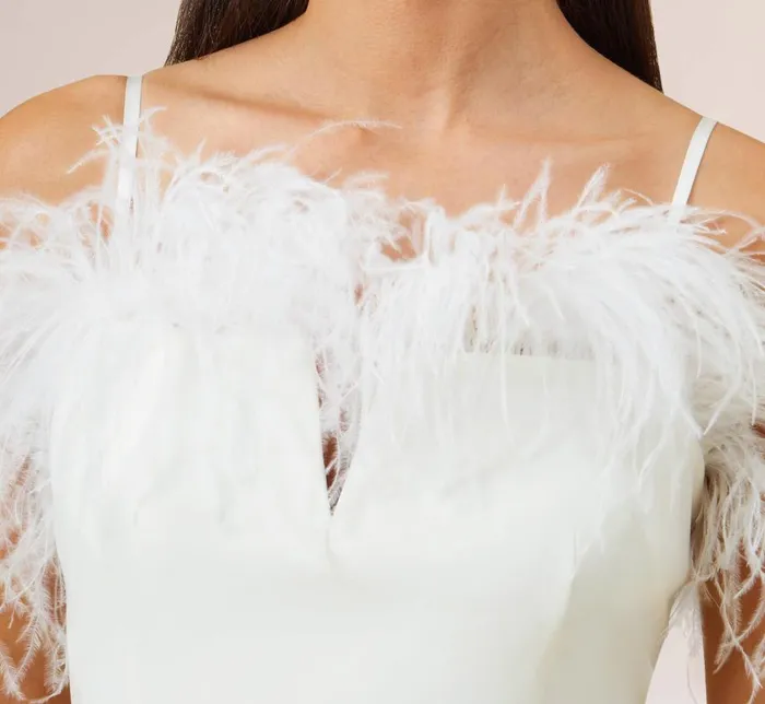 Short Dresses Womens Adrianna Papell Feather Trimmed Crepe Short Sheath Cocktail Dress In Ivory
