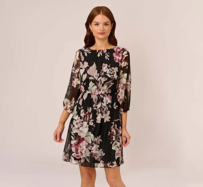 Short Dresses Womens Adrianna Papell Floral Chiffon Dress With Three Quarter Length Sleeves In Black Multi Short Dresses Womens Adrianna Papell Floral Chiffon Dress With Three Quarter Length Sleeves In Black Multi