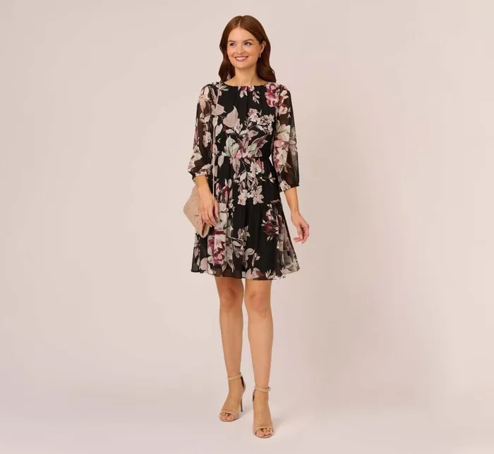 Short Dresses Womens Adrianna Papell Floral Chiffon Dress With Three Quarter Length Sleeves In Black Multi
