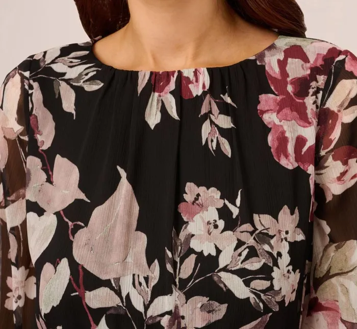 Short Dresses Womens Adrianna Papell Floral Chiffon Dress With Three Quarter Length Sleeves In Black Multi