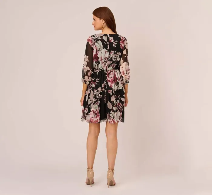Short Dresses Womens Adrianna Papell Floral Chiffon Dress With Three Quarter Length Sleeves In Black Multi