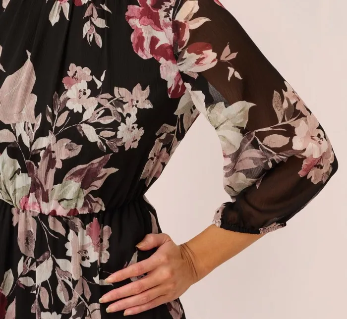 Short Dresses Womens Adrianna Papell Floral Chiffon Dress With Three Quarter Length Sleeves In Black Multi