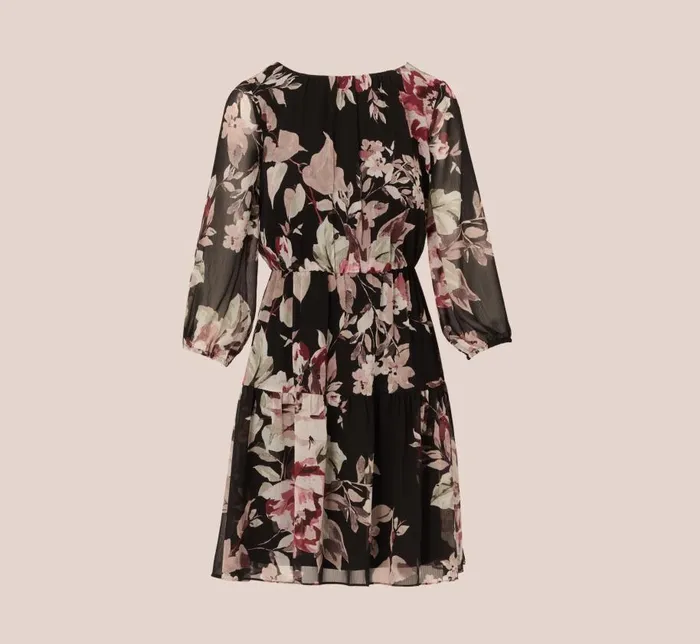 Short Dresses Womens Adrianna Papell Floral Chiffon Dress With Three Quarter Length Sleeves In Black Multi