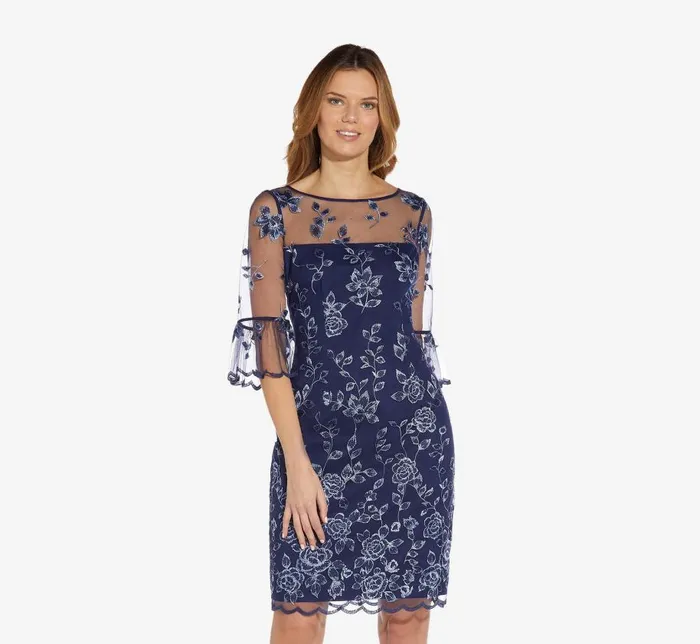 Short Dresses Womens Adrianna Papell Floral Embroidered Sheath Dress With Scalloped Detail In Midnight Multi Short Dresses Womens Adrianna Papell Floral Embroidered Sheath Dress With Scalloped Detail In Midnight Multi