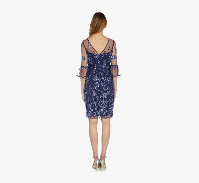 Short Dresses Womens Adrianna Papell Floral Embroidered Sheath Dress With Scalloped Detail In Midnight Multi