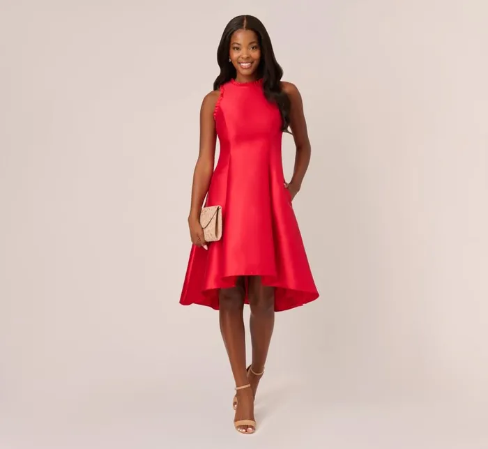 Short Dresses Womens Adrianna Papell Halter Mikado Dress With Ruffle Trim In Red