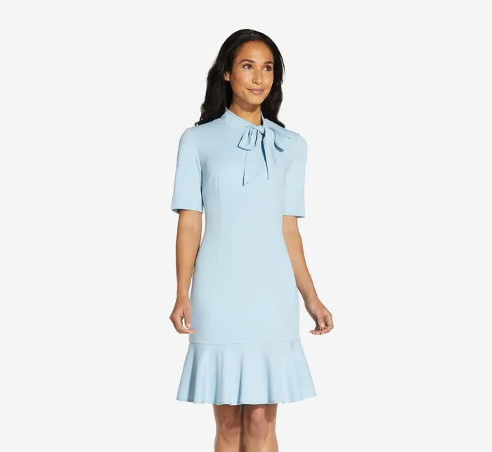 Short Dresses Womens Adrianna Papell Mock Neck Dress With Contrasting Bowtie In Blue Mist Short Dresses Womens Adrianna Papell Mock Neck Dress With Contrasting Bowtie In Blue Mist
