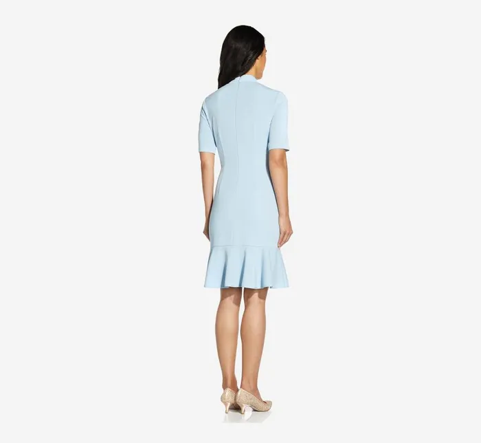 Short Dresses Womens Adrianna Papell Mock Neck Dress With Contrasting Bowtie In Blue Mist
