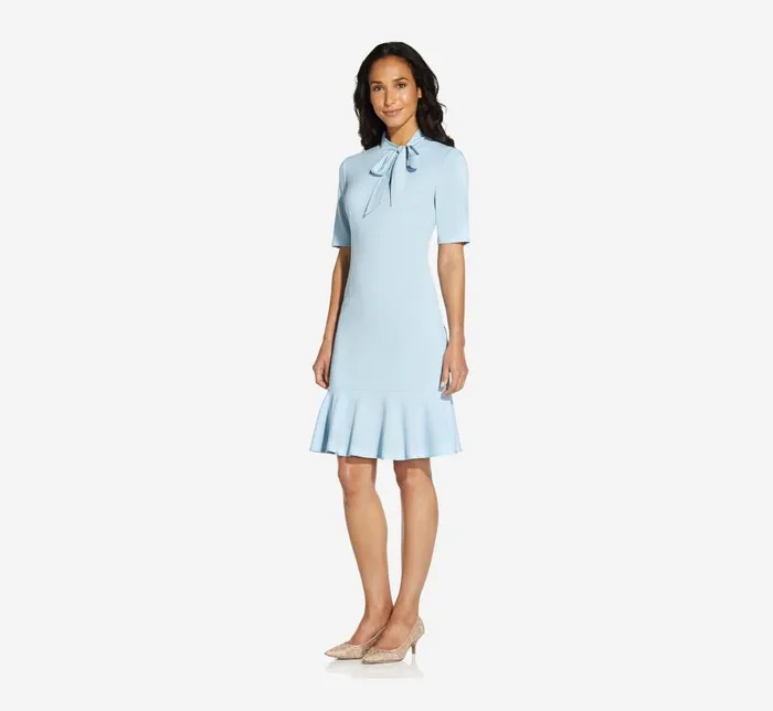 Short Dresses Womens Adrianna Papell Mock Neck Dress With Contrasting Bowtie In Blue Mist