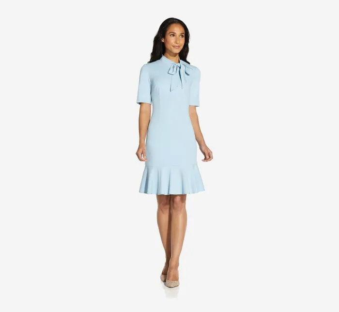 Short Dresses Womens Adrianna Papell Mock Neck Dress With Contrasting Bowtie In Blue Mist