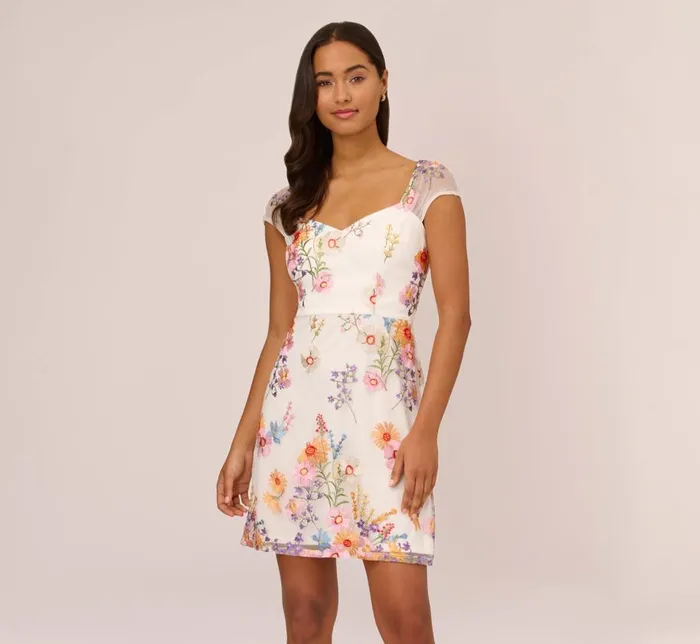 Short Dresses Womens Adrianna Papell Multicolor Floral Embroidered Dress With Sheer Cap Sleeves In Ivory Multi Short Dresses Womens Adrianna Papell Multicolor Floral Embroidered Dress With Sheer Cap Sleeves In Ivory Multi