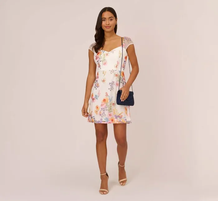 Short Dresses Womens Adrianna Papell Multicolor Floral Embroidered Dress With Sheer Cap Sleeves In Ivory Multi